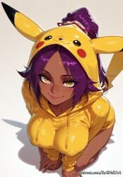 1girl 2026 ai_generated all_fours animal_tail anime artist_name bangs bleach bleach:_the_thousand-year_blood_war blush boobs breasts cleavage closed_mouth collarbone cosplay covered_nipples crossover dark-skinned_female dark_skin eye_contact eyelashes female female_focus flushed highres hood hoodie huge_breasts large_breasts long_hair long_sleeves looking_at_viewer neutral_expression nsfw parted_bangs patreon patreon_username pikachu ponytail purple_hair rognezart shihouin_yoruichi shiny simple_background smile smiling solo tail very_long_hair web_address yellow_eyes yellow_hoodie