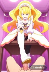 1girl ai_assisted ai_generated anime_screencap bdsm_room below bent_over big_eyes bootjob cleavage cum cum_on_boots cumshot cute_face detailed_face domination dripping eye_contact femdom focus foreshortening from hair_ornament high_heel_boots highly_detailed leaning_forward legs_apart open_mouth pain perfect_anatomy pov