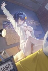 1girl belle_(zenless_zone_zero) breasts short_hair stretching sushispin waking_up zenless_zone_zero