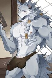 2025 abs anthro arm_tuft aroused balls_outline big_bulge big_penis biped blue_eyes bodily_fluids book braided_hair bulge canid canine canis cheek_tuft chung0_0 clothed clothing detailed_bulge ear_tuft elbow_tuft erection erection_under_clothing facial_tuft faramor_(afk_journey) fluffy fluffy_tail fur genital_outline genitals grey_body grey_fur hair hi_res ineffective_clothing inside leaning leaning_against_object leaning_backward long_hair male male_anthro mammal multicolored_body multicolored_fur muscular muscular_anthro muscular_arms muscular_male muscular_thighs neck_tuft nipples pecs penis penis_base penis_outline pointy_ears pubes reading reading_book shoulder_tuft solo sweat sweatdrop tail thick_penis translucent translucent_clothing translucent_underwear tuft two_tone_body two_tone_fur underwear underwear_only vein veiny_penis white_body white_fur window wolf