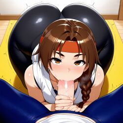 1girls ai_generated big_ass blowjob brown_hair fat_ass handjob in_mouth jacking_off king_of_fighters light-skinned_female light_skin long_hair oral ponytail pov sucking sucking_cock thick_ass yuri_sakazaki