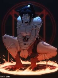 angry artist_name athletic athletic_female bandaged_breasts bandaged_chest black_hair defal_hady_(artist) fangs feet fire flame glowing_eyes loincloth muscular muscular_female naked naked_female original original_character pentagram ponytail possessed possession red_eyes sharp_claws squatting tattoo tied_hair tied_hands toned toned_female watermark
