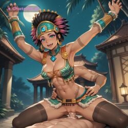 1girl ai_assisted ai_generated awilix_(smite) claw_pose cleavage cock_in_pussy collar cowgirl creampie dark_skin dark_skinned_female dreadlocks dutch_angle earrings embarrassed feathers gem green_eyes hair_ornament hair_rings happy harness headdress inside leaning_forward looking_at_viewer moaning moon navel necklace night outside parted_bangs purple_eyeshadow pussy_sex saliva shaking side_view skirt slight_smile solo spread_legs stars tree tribal_tattoo upper_body