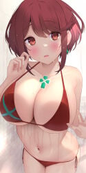 1girls akira_shiun bangs bikini bikini_bottom bikini_top blush breast_press breasts breasts_against_glass breasts_on_glass cleavage female female_only homura_(xenoblade_2) huge_breasts large_breasts red_hair short_hair side-tie_bikini side-tie_bikini_bottom thighs water wet wet_body xenoblade_(series) xenoblade_chronicles_2