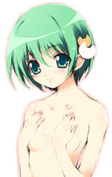 1girls aqua_eyes bangs blush body_blush breasts bust cat_hair_ornament collarbone covering covering_breasts dejiko di_gi_charat female green_hair hair_between_eyes hair_ornament hands hands_on_own_chest human light-skinned_female light_skin light_smile mitsuki_mantarou nude outline short_hair simple_background small_breasts smile solo topless white_background winter_garden