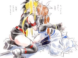 blonde_hair bondage brown_hair fate_testarossa female female_only gloves kissing lyrical_nanoha mahou_shoujo_lyrical_nanoha mahou_shoujo_lyrical_nanoha_strikers multiple_girls nanoha_takamachi ribbon takamachi_nanoha text thighhighs tied_hair tokoharu translated twintails yuri