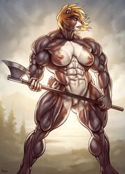 abs axe big_areola big_clitoris big_nipples breasts clitoral_hood clitoris extreme_muscles female hi_res holding_object janrock mammal melee_weapon muscular muscular_female nude perky_breasts plump_labia pose pussy solo thick_thighs thighs ursid weapon