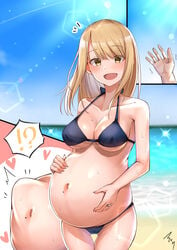 bangs beach big_breasts bikini black_bikini blonde_hair female female_only fetal_movement looking_at_viewer mabanna mabanna7787 medium_hair mole_on_breast open_mouth original pregnant solo swimsuit thigh_gap underboob wedding_ring yellow_eyes