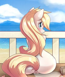 anus aryanne aryanne_(mlp) ass blonde_hair blue_eyes blush cloud equine female furry hair hooves horse long_hair looking_at_viewer looking_back mammal my_little_pony outside pony presenting pussy raised_tail sitting smile solo white_fur