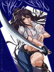 asymmetrical_clothes belt breasts clothes hair jeans kanzaki_kaori kaori_kanzaki katana large_breasts long_hair madhatter_hello midriff navel nipples no_bra one_pantsleg ponytail ribbon ribbons see-through single_pantsleg sword t-shirt tied_hair to_aru_majutsu_no_index weapon