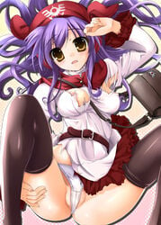 bankoku_ayuya belt blue_hair clothing dragon_quest dragon_quest_ii long_hair long_sleeves nipple_slip nipples panties princess_of_moonbrook purple_hair small_breasts spread_legs stockings thighhighs torn_clothes underwear white_panties yellow_eyes