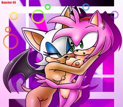 2008 amy_rose anthro blush breasts color female female_only furry furry_only nancher nude purple_background rouge_the_bat short_hair simple_background sonic_(series) sonic_the_hedgehog_(series) standing uncensored yuri