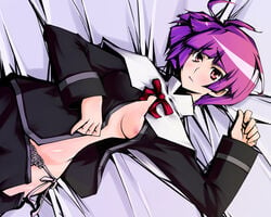 blush breasts lying lyrical_nanoha mahou_shoujo_lyrical_nanoha mahou_shoujo_lyrical_nanoha_strikers open_clothes open_shirt panties pink_eyes pink_hair schach_nouera shirt short_hair side-tie_panties underwear xunipo