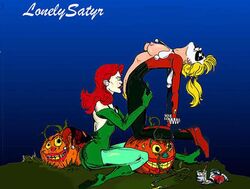 2girls batman_(series) big_breasts blonde_hair breasts dc dc_comics female female_only halloween harleen_quinzel harley_quinn harley_quinn_(classic) licking light-skinned_female light_skin lonelysatyr multiple_girls nipples open_bodysuit pamela_isley pigtails poison_ivy pubic_hair pumpkin red_hair yuri