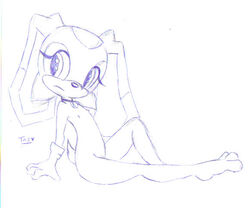 anthro cream_the_rabbit female female_only fur furry gloves huge_eyes innocenttazlet looking_aside monochrome mostly_nude rabbit sega side_view sitting solo sonic_(series) tagme toony