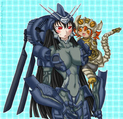 2girls armor big_breasts black_hair blackout_(transformers) blush breasts female female_only humanformers humanized long_hair mechanical multiple_girls orange_eyes orange_hair red_eyes rule_63 scorponok_(bayverse) tail transformers transformers_(bayverse)