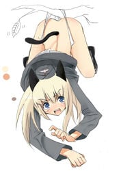 ass blonde_hair blue_eyes blush clothing furoaki hat helma_lennartz panties strike_witches underwear uniform white_panties