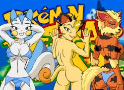 3girls animated anthro arcanine ass_cleavage bikini breast_grab butt_crack canine feline female female_only furry jiggle jiggling_breasts meowth pachirisu pikanjo pokémon_(species) pokemon pokemon_(species) pokemon_snap_xxx thick_thighs