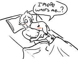 1ambiguous 1boy anthro bed blush dwarf_fortress elf english_text in_bed interspecies kobold line_art male/ambiguous pillow simple_background speech_bubble spot_color tagme white_background