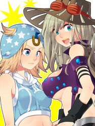 2020 2girls back_view bangs bare_shoulders big_breasts black_gloves blonde_hair blue_eyes breast_envy breast_size_difference breasts cleavage crop_top female female_focus female_only fingerless_gloves genderbend genderswap genderswap_(mtf) gloves green_eyes gyro_zeppeli happy hat headgear height_difference hi_res human johnny_joestar jojo's_bizarre_adventure kiri_futoshi large_breasts lesbian light-skinned_female light_skin long_hair looking_at_breasts looking_at_viewer looking_back midriff mouth_open navel no_bra open_mouth rule_63 short_hair shoulder_length_hair shoulders shounen_jump simple_background small_breasts smile smiling steel_ball_run sunglasses sunglasses_on_head sweat sweatdrop sweating underboob yuri