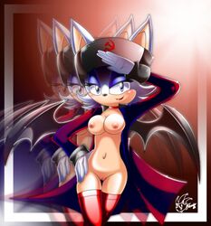 anthro bat breasts clothes female female_only front_view fur furry furry_ears gesture hammer_and_sickle hand_on_hip hat looking_at_viewer motion_blur nancher nude open_clothes pointy_ears rouge_the_bat salute solo sonic_(series) sonic_the_hedgehog_(series) soviet standing stockings ushanka wings