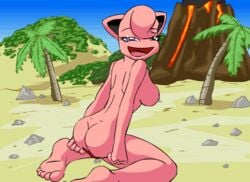 animated anthro ass barefoot beach breasts color day feet female female_only jigglypuff kneeling looking_at_viewer outdoors pikanjo pokemon pokemon_(species) pokemon_snap_xxx side_view sideboob soles solo toes topless undressing volcano