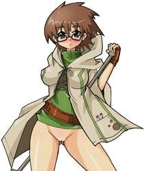 0k0j0 aussa aussa_the_earth_charmer blush bottomless brown_hair charmers glasses no_pants pussy shirt short_hair uncensored yu-gi-oh! yuu-gi-ou_duel_monsters