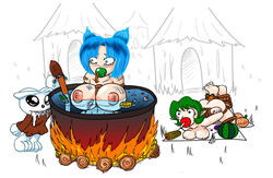 blue_eyes blue_hair cooking crossover female fire green_eyes green_hair humanoid imminent_death jet_force_gemini jim_sugomi kokiri large_breasts male multiple_girls nintendo pointy_ears rareware saria short_hair the_legend_of_zelda tribal vela_(jet_force_gemini) vore water