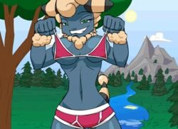 animated anthro bikini breasts clothing color eyes female female_only front_view green_eyes looking_at_viewer mareep mountain mouth open_eyes outdoors pikanjo pokémon_(species) pokemon pokemon_snap_xxx river smile solo tail tree