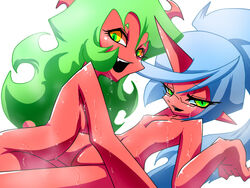 2demons 2girls ambiguous_fluids blue_hair female_only glasses green_hair horn incest kneesocks_daemon looking_at_viewer multiple_girls nabe_(ingenmame) official_style open_mouth panty_&_stocking_with_garterbelt pointy_ears red_skin scanty_daemon sisters small_breasts yuri