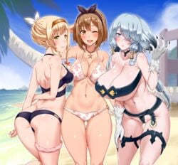 3girls ass ass_cleavage atelier_(series) atelier_ryza bare_shoulders bikini blonde_hair blue_eyes blush bow braid breasts brown_eyes brown_hair butt_crack cleavage curvaceous darkmaya extremely_large_filesize female from_behind green_eyes hair_ornament hair_over_one_eye hair_ribbon hair_tubes hairband hairbow hairclip high_resolution huge_breasts klaudia_valentz large_breasts large_filesize leaning leaning_forward lila_decyrus long_hair looking_at_viewer looking_back medium_breasts multiple_girls nail_polish oerba_yun_fang one_eye_closed posterior_cleavage presenting reisalin_stout ribbon shiny shiny_hair shiny_skin sideboob smile swimsuit take_your_pick thick_thighs thigh_scrunchie thigh_strap thighs tied_hair very_high_resolution wide_hips wink