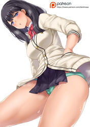 1girls :o adapted_costume artist_name bangs black_hair black_skirt blue_eyes blush bow bowtie breath cameltoe cardigan collared_shirt darkmaya eyebrows_visible_through_hair female green_panties hands_in_pockets long_hair long_sleeves looking_at_viewer medium_hair microskirt miniskirt panties pantsu patreon_logo pelvic_curtain pleated_skirt red_bow red_bowtie red_neckwear school_uniform shirt simple_background skirt solo ssss.gridman straight_hair sweat takarada_rikka thighs underwear uniform watermark web_address white_background white_cardigan white_shirt