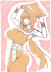 1girls 2020 armpits arms_up artist_name bare_shoulders belt breasts cigar_cat clothed clothing dress egyptian egyptian_clothes eyebrows_visible_through_hair female female_only hairband highres hime_cut holding_object huge_breasts jewelry lips long_hair looking_at_viewer low-tied_long_hair nipple_bulge open_mouth original personification pink_background pyramid signature sleeveless sleeveless_dress solo standing tied_hair tongue very_long_hair wristband yellow_eyes