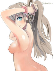 adjusting_hair akame_(akamiru) aqua_eyes arms_up back bare_back blush breasts brown_hair butt_crack closed_mouth female female_only female_solo from_behind kantai_collection kumano_(kantai_collection) long_hair looking_at_viewer looking_back medium_breasts nipples nude pink_scrunchie ponytail scrunchie sideboob simple_background smile solo white_background wrist_scrunchie