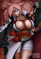 baiken big_breasts cleavage guilty_gear guilty_gear_xrd:_revelator kiseru marmewa missing_eye one_eye_covered pink_hair pipe tagme