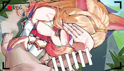 1boy ahri amisha animal_ears bar_censor bare_shoulders blonde_hair breasts censored circlet collarbone covering_face cum facial female fingernails fox_ears kitsune kneeling league_of_legends long_fingernails long_hair male_pubic_hair nipples nude outdoors penis plant pubic_hair purple_nails recording red_skirt sketch skirt standing star_guardian_(league_of_legends) star_guardian_ahri star_guardian_series thighhighs toenails white_legwear