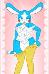 blue_fur breasts female five_nights_at_freddy's five_nights_at_freddy's_2 green_eyes heart_eyes looking_at_viewer nipples rabbit robot robot_girl rule_63 seductive solo stockings taking_clothes_off toy_bonnie_(fnaf) wet_shirt wet_stockings yellow_stockings