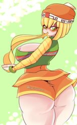 1girls areolae arms_(game) ass ass_focus bedroom_eyes big_ass big_breasts big_butt bimbo blonde_hair booty_shorts bowl bubble_ass bubble_butt butt_focus eating female green_eyes hat huge_ass huge_breasts kyrie_eleison large_ass mask min_min_(arms) nintendo orange_hat partially_visible_nipples ramen teenager thick_ass thick_thighs thighs