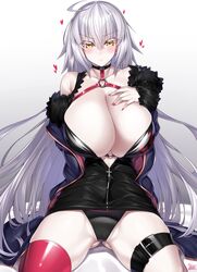 ass_visible_through_thighs blush choker cleavage fate/grand_order fate_(series) heart huge_breasts jeanne_alter jeanne_alter_(swimsuit_berserker) kneeling large_breasts long_hair looking_at_viewer mismatched_legwear simple_background thick_thighs thighhighs unzipped watosu_(watosu_mama) white_background white_hair yellow_eyes