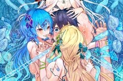 1boy 3girls artificial_vagina black_hair blonde_hair blue_eyes blue_hair blush bondage breasts brown_eyes chains crying datsuyuru ear_licking earrings eyebrows_visible_through_hair female_rapist femdom fingernails glowing hair_ornament highres holding holding_hands huge_breasts jewelry lactation large_breasts licking long_hair lying male_rape_victim monster_girl multiple_girls nipples nude on_back original pointy_ears rape restrained reverse_rape scared single_earring slime star_(symbol) tentacle tongue tongue_out wet white_hair yandere