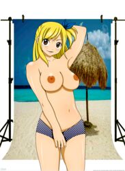 1girls 3:4_ratio bikini_bottom blonde_hair breasts fairy_tail hand_behind_head korval large_breasts looking_at_viewer lucy_heartfilia medium_breasts photo_background public_topless solo_female topless whentai