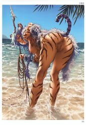 anus ass beach big_breasts braided_ponytail breasts censored detailed_background harpoon kemonomimi light_blue_eyes light_blue_hair minato_fumi nipples presenting_pussy pussy spreading_ass tagme tail tall tiger toranoana water white_tiger