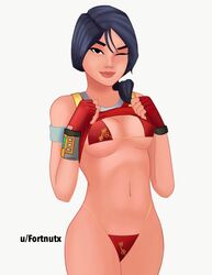 1girls artist_request bra breasts clothed female female_only fortnite lifting_shirt panties red_bra red_panties scarlet_defender showing_off tagme