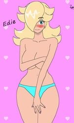 1girls arms_over_chest blonde_hair blue_eyes blue_panties blush breasts covering covering_breasts covering_crotch female female_only hair_over_one_eye heart looking_at_viewer mario_(series) nintendo panties pink_background princess_rosalina simple_background solo standing super_mario_galaxy topless topless_female undressing zap92