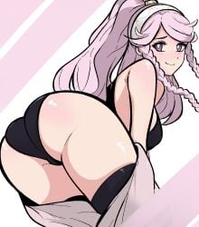 1girls ass ass_focus bare_shoulders black_leotard black_panties blush braid breasts dancer female female_only fire_emblem fire_emblem_awakening hairband highres huge_ass large_ass leotard long_hair looking_at_viewer looking_back medium_breasts nintendo olivia_(fire_emblem) panties pink_eyes pink_hair ponytail side_braid smile solo tavi_(hosheezus) thighhighs thighs trefoil twin_braids underwear