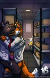 absurd_res aggressive_retsuko anthro being_watched blush bodily_fluids bulge canid canine caught clothed clothing digital_media_(artwork) duo erection frottage genital_fluids genitals grinding haida hi_res hyaenid inside looking_at_another male male/male mammal maned_wolf necktie office ookami_(aggretsuko) open_shirt partially_clothed penis precum rubbing sanrio sex shirt sito smooth_fur standing storage_room surprise text toony topwear underwear url