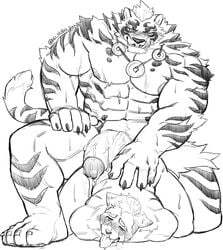 abs absurd_res anal anal_sex barefoot black_and_white blush bodily_fluids canid canine claws cum cum_on_penis drooling duo feet felid feline fur genital_fluids genitals hi_res lin_hu male male/male mammal monochrome muscular muscular_male nekojishi nipples nu_nudo_do nude open_mouth pantherine pecs penetration penis saliva simple_background size_difference sketch smile smirk stripes sweat tears tiger tongue video_games white_background