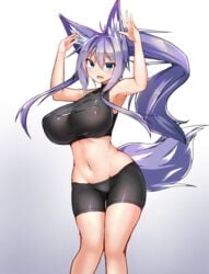 animal_ears arms_up bike_shorts blue_eyes blush breasts erect_nipples erect_nipples_under_clothes female fox_tail gradient gradient_background high_resolution indigo_(tylwing) kitsunemimi large_breasts long_hair looking_at_viewer midriff nipples open_mouth original ponytail purple_hair sidelocks simple_background sleeveless solo spats tail tied_hair tylwing very_high_resolution