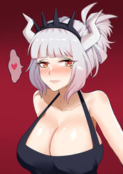 absurdres apron bangs bare_arms bare_shoulders black_apron blush breasts cleavage collarbone commentary_request cum cum_on_body cum_on_breasts cum_on_upper_body demon_girl demon_horns female gradient gradient_background hair_ornament heart helltaker highres horns huge_breasts kent_zai_maiami long_hair looking_at_viewer lucifer_(helltaker) mole mole_under_eye red_background red_eyes red_shirt shirt silver_hair simple_background solo spoken_heart white_horns