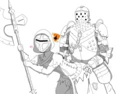 armor ass_grab big_dom_small_sub cum engineernasty for_honor from_behind heart helmet insertion lawbringer_(for_honor) peacekeeper peacekeeper_(for_honor) polearm ripped_clothing standing standing_sex